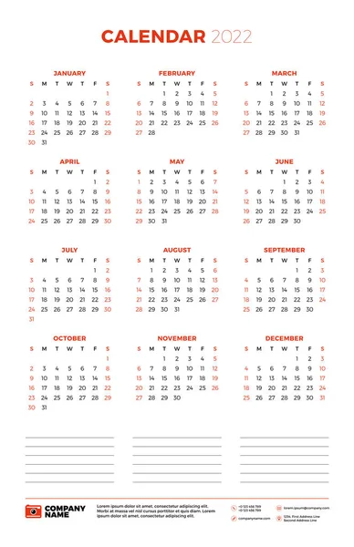 Kalender für 2022 Jahr. Die Woche beginnt am Sonntag. druckbare Vektor Schreibwaren Design-Vorlage — Stockvektor