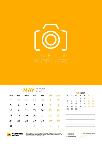 Calendar for May 2021. Week starts on Monday. Wall calendar planner template. Vector illustration — Stock Vector