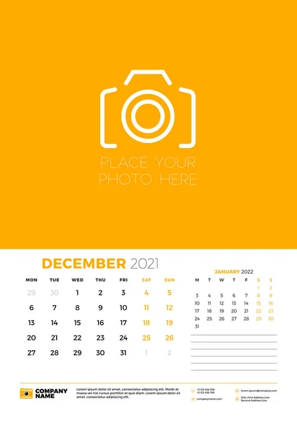 Calendar for December 2021. Week starts on Monday. Wall calendar planner template. Vector illustration — Stock Vector