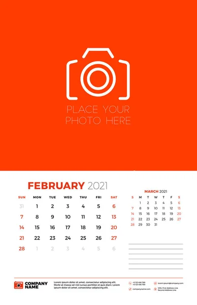Календарь на февраль 2021. Неделя начинается в воскресенье. Шаблон планировщика календаря. Векторная иллюстрация — стоковый вектор