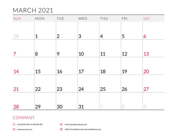 Март 2021 года. Ежемесячный планировщик календаря печатный шаблон. Векторная иллюстрация. Неделя начинается в воскресенье — стоковый вектор