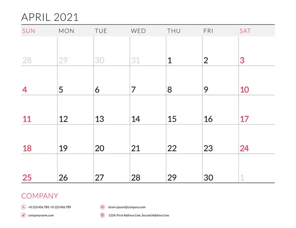 Απρίλιος 2021. Μηνιαίο πρόγραμμα προγραμματισμού ημερολογίου εκτυπώσιμο πρότυπο. Εικονογράφηση διανύσματος. Η εβδομάδα αρχίζει την Κυριακή — Διανυσματικό Αρχείο