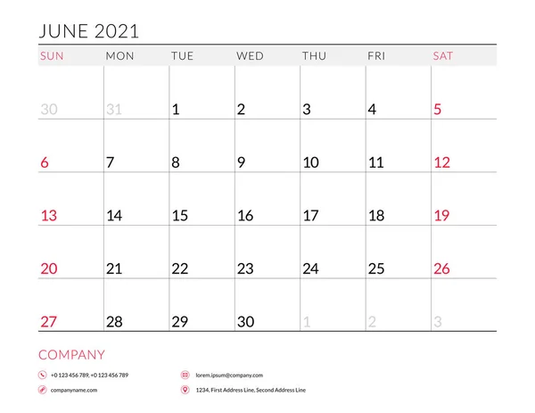 Ιούνιος 2021. Μηνιαίο πρόγραμμα προγραμματισμού ημερολογίου εκτυπώσιμο πρότυπο. Εικονογράφηση διανύσματος. Η εβδομάδα αρχίζει την Κυριακή — Διανυσματικό Αρχείο