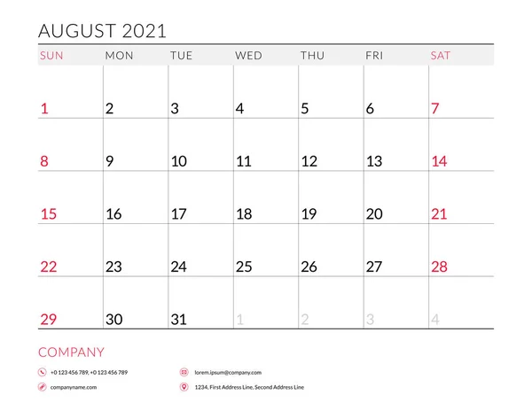 August 2021. Monthly calendar planner printable template. Vector illustration. Week starts on Sunday — 스톡 벡터