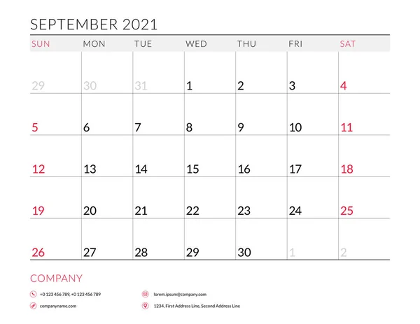 Σεπτέμβριος 2021. Μηνιαίο πρόγραμμα προγραμματισμού ημερολογίου εκτυπώσιμο πρότυπο. Εικονογράφηση διανύσματος. Η εβδομάδα αρχίζει την Κυριακή — Διανυσματικό Αρχείο