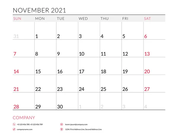 November 2021. Maandelijkse kalender planner afdrukbare template. Vector illustratie. Week begint op zondag — Stockvector