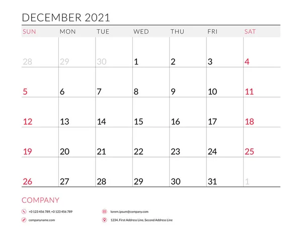 Декабрь 2021 года. Ежемесячный планировщик календаря печатный шаблон. Векторная иллюстрация. Неделя начинается в воскресенье — стоковый вектор