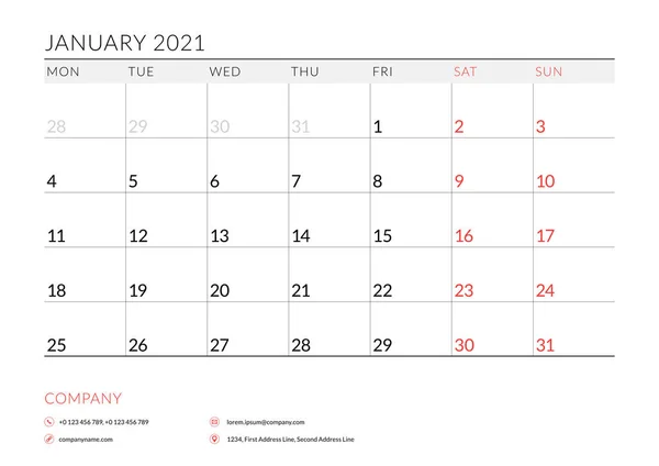 Janeiro de 2021. Modelo de planificador de calendário mensal para impressão. Ilustração vetorial. Semana começa na segunda — Vetor de Stock