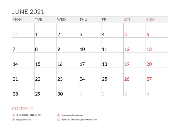 June 2021. Monthly calendar planner printable template. Vector illustration. Week starts on Monday — 스톡 벡터