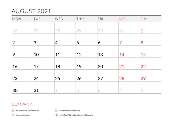 August 2021. Monthly calendar planner printable template. Vector illustration. Week starts on Monday — 스톡 벡터