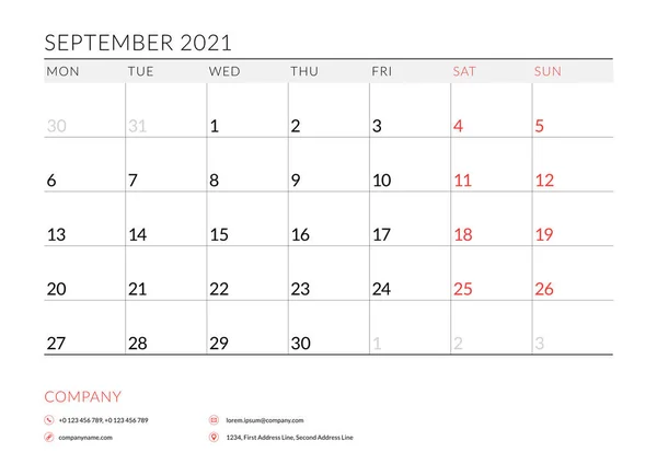 Σεπτέμβριος 2021. Μηνιαίο πρόγραμμα προγραμματισμού ημερολογίου εκτυπώσιμο πρότυπο. Εικονογράφηση διανύσματος. Η εβδομάδα αρχίζει τη Δευτέρα — Διανυσματικό Αρχείο