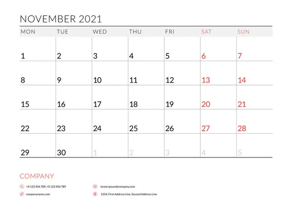 Νοέμβριος 2021. Μηνιαίο πρόγραμμα προγραμματισμού ημερολογίου εκτυπώσιμο πρότυπο. Εικονογράφηση διανύσματος. Η εβδομάδα αρχίζει τη Δευτέρα — Διανυσματικό Αρχείο