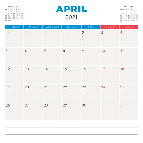 Προγραμματιστής ημερολογίου για τον Απρίλιο 2021. Η εβδομάδα αρχίζει τη Δευτέρα. Εκτυπώσιμο πρότυπο σχεδίασης γραφικής ύλης διανύσματος — Διανυσματικό Αρχείο