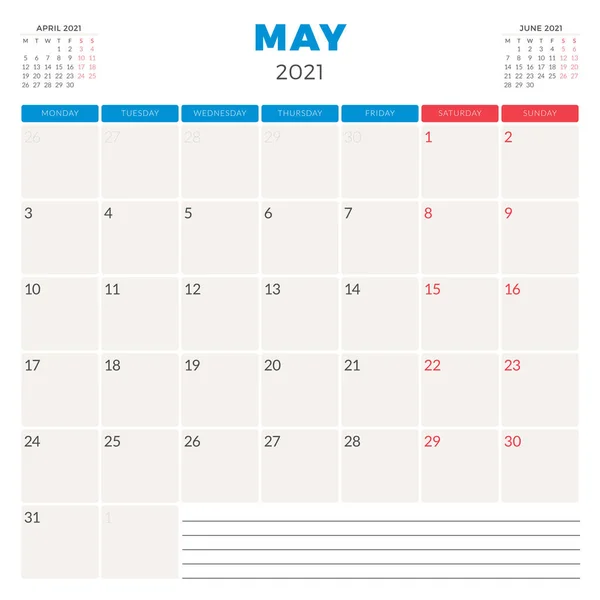 Προγραμματιστής ημερολογίου Μαΐου 2021. Η εβδομάδα αρχίζει τη Δευτέρα. Εκτυπώσιμο πρότυπο σχεδίασης γραφικής ύλης διανύσματος — Διανυσματικό Αρχείο