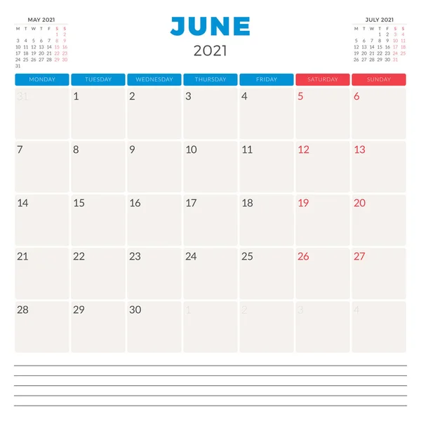 Προγραμματιστής ημερολογίου για τον Ιούνιο 2021. Η εβδομάδα αρχίζει τη Δευτέρα. Εκτυπώσιμο πρότυπο σχεδίασης γραφικής ύλης διανύσματος — Διανυσματικό Αρχείο