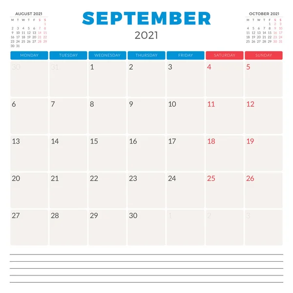 2021年9月カレンダープランナー。週は月曜日に始まります。印刷可能なベクトル文房具デザインテンプレート — ストックベクタ