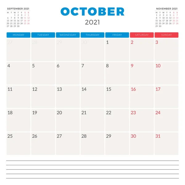 2021年10月のカレンダープランナー。週は月曜日に始まります。印刷可能なベクトル文房具デザインテンプレート — ストックベクタ