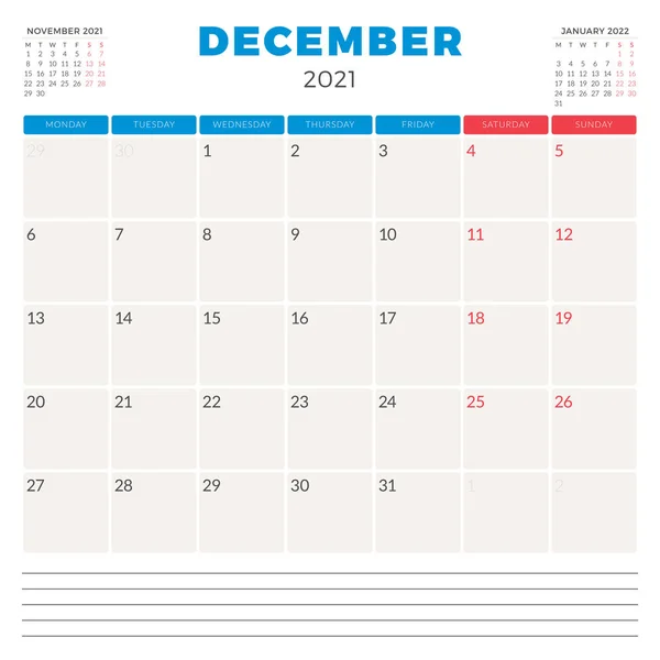 Προγραμματιστής ημερολογίου για τον Δεκέμβριο 2021. Η εβδομάδα αρχίζει τη Δευτέρα. Εκτυπώσιμο πρότυπο σχεδίασης γραφικής ύλης διανύσματος — Διανυσματικό Αρχείο