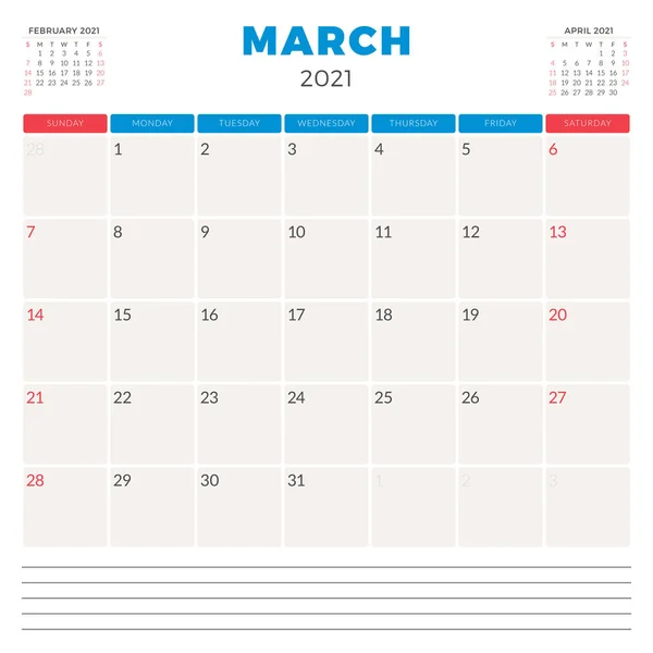 Προγραμματιστής ημερολογίου Μαρτίου 2021. Η εβδομάδα αρχίζει την Κυριακή. Εκτυπώσιμο πρότυπο σχεδίασης γραφικής ύλης διανύσματος — Διανυσματικό Αρχείο