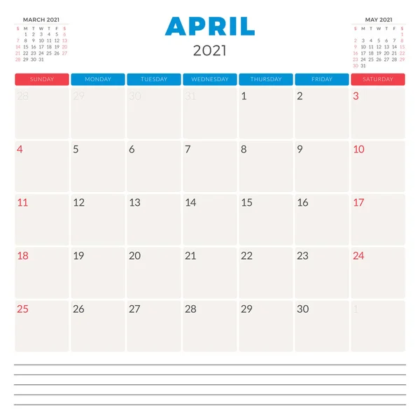 Προγραμματιστής ημερολογίου για τον Απρίλιο 2021. Η εβδομάδα αρχίζει την Κυριακή. Εκτυπώσιμο πρότυπο σχεδίασης γραφικής ύλης διανύσματος — Διανυσματικό Αρχείο