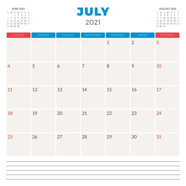 Планировщик календаря на июль 2021 года. Неделя начинается в воскресенье. Шаблон для печати векторных канцелярских товаров — стоковый вектор