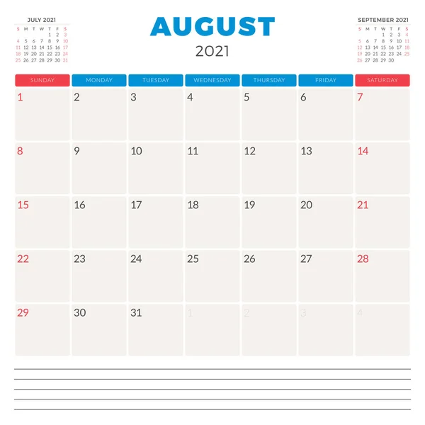 Προγραμματιστής ημερολογίου για τον Αύγουστο 2021. Η εβδομάδα αρχίζει την Κυριακή. Εκτυπώσιμο πρότυπο σχεδίασης γραφικής ύλης διανύσματος — Διανυσματικό Αρχείο