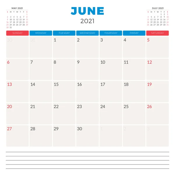 Планировщик календаря на июнь 2021 года. Неделя начинается в воскресенье. Шаблон для печати векторных канцелярских товаров — стоковый вектор