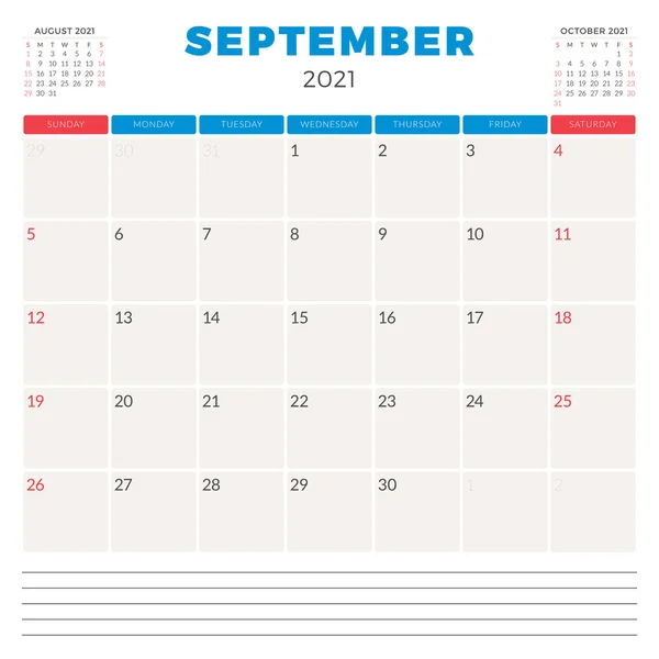 2021年9月カレンダープランナー。週は日曜日に始まります。印刷可能なベクトル文房具デザインテンプレート — ストックベクタ