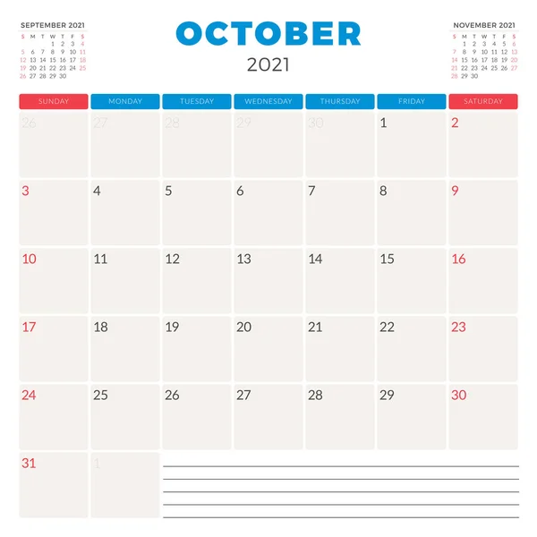 Προγραμματιστής ημερολογίου για τον Οκτώβριο 2021. Η εβδομάδα αρχίζει την Κυριακή. Εκτυπώσιμο πρότυπο σχεδίασης γραφικής ύλης διανύσματος — Διανυσματικό Αρχείο