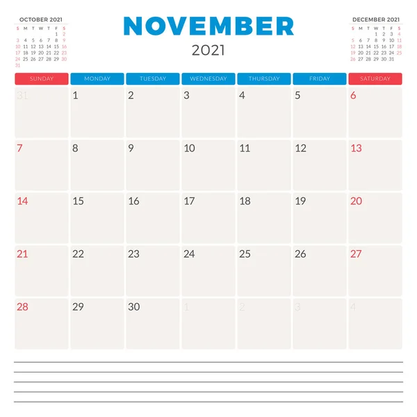 Προγραμματιστής ημερολογίου για τον Νοέμβριο 2021. Η εβδομάδα αρχίζει την Κυριακή. Εκτυπώσιμο πρότυπο σχεδίασης γραφικής ύλης διανύσματος — Διανυσματικό Αρχείο