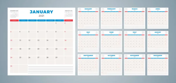 Planificador de calendario para 2021 año. La semana comienza el domingo. Plantilla de diseño de papelería vectorial imprimible. Conjunto de 12 páginas — Archivo Imágenes Vectoriales