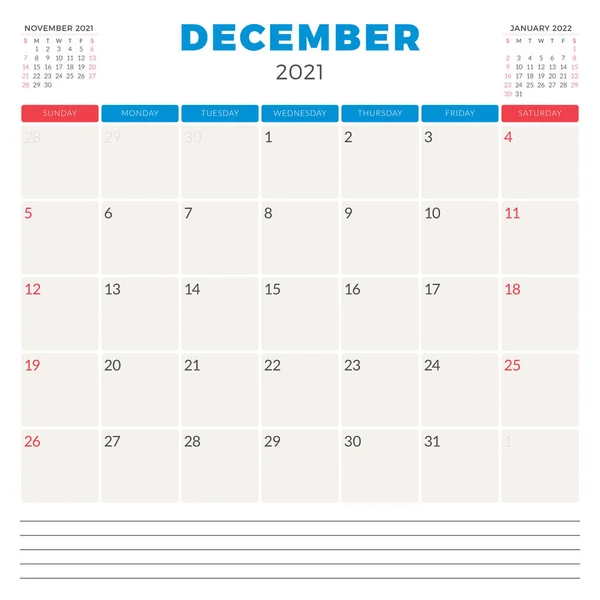 Προγραμματιστής ημερολογίου για τον Δεκέμβριο 2021. Η εβδομάδα αρχίζει την Κυριακή. Εκτυπώσιμο πρότυπο σχεδίασης γραφικής ύλης διανύσματος — Διανυσματικό Αρχείο