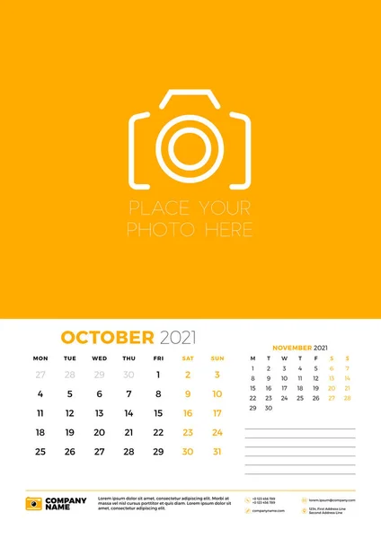 Calendar for October 2021. Week starts on Monday. Wall calendar planner template. Vector illustration 로열티 프리 스톡 벡터