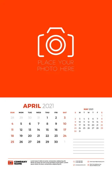 Calendario per aprile 2021. La settimana inizia domenica. Modello di calendario a parete. Illustrazione vettoriale Vettoriale Stock