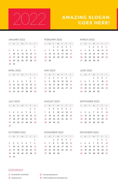 Календарь на 2022 год. Неделя начинается в воскресенье. Шаблон для печати векторных канцелярских товаров Лицензионные Стоковые Векторы
