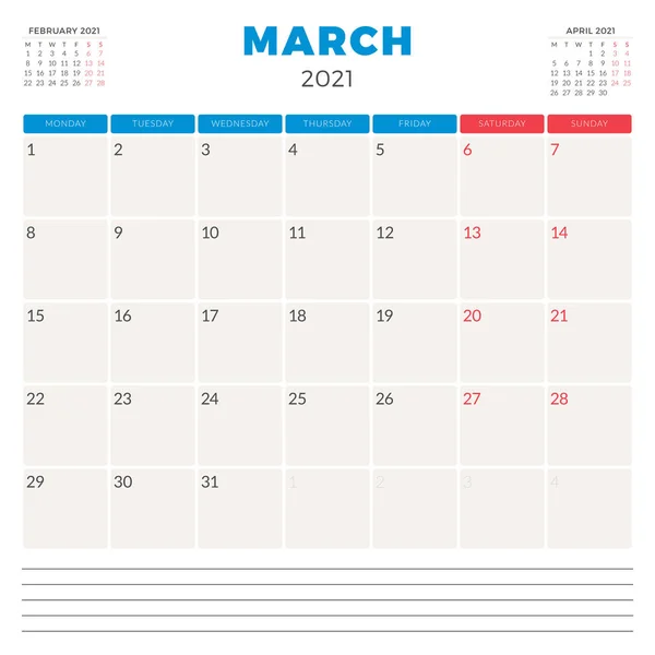 Pianificatore di calendario per marzo 2021. La settimana inizia lunedì. Modello di design della cancelleria vettoriale stampabile Vettoriali Stock Royalty Free