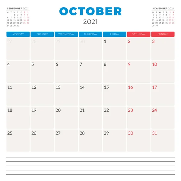 Calendar planner for October 2021. Week starts on Monday. Printable vector stationery design template 스톡 벡터