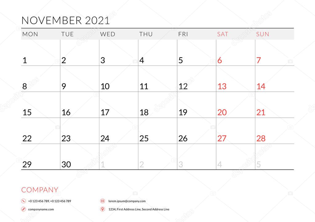 November 2021. Monthly calendar planner printable template. Vector illustration. Week starts on Monday