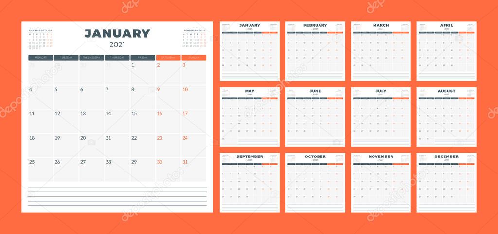 Calendar planner for 2021 year. Week starts on Monday. Printable vector stationery design template. Set of 12 months