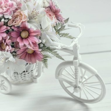 Oyuncak bisikletli beyaz sepetli düğün buketini kapat.