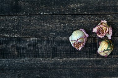 ahşap masa üzerinde beyaz pembe kurutulmuş güller