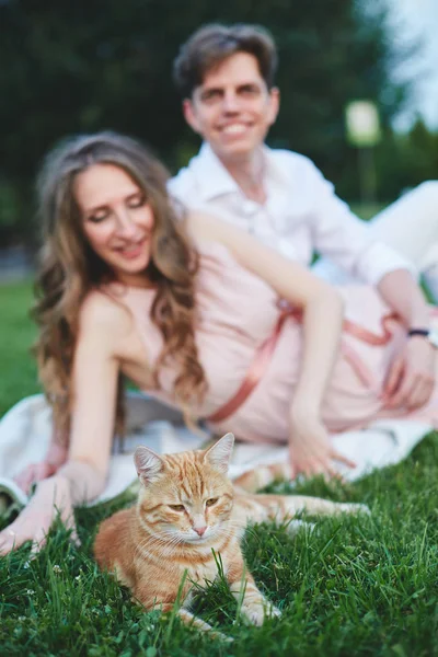 Pregnant woman sitting on the grass and stroking her stomach — Stock Photo, Image