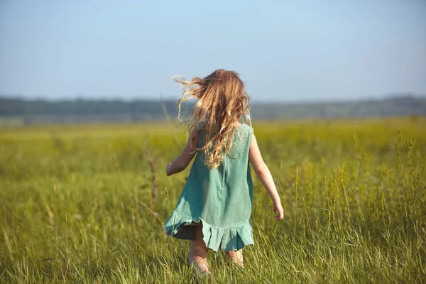 Girl in the field at sunny summer morning — Stock Photo, Image