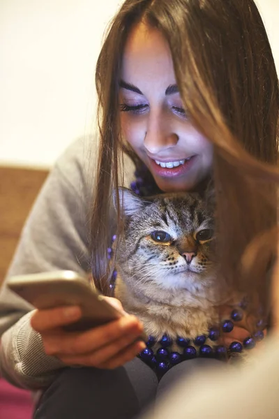 Woman watching a phone with cat on the hands — Stock Photo, Image