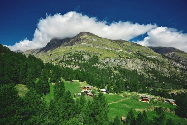 Alpská louka s domy — Stock fotografie