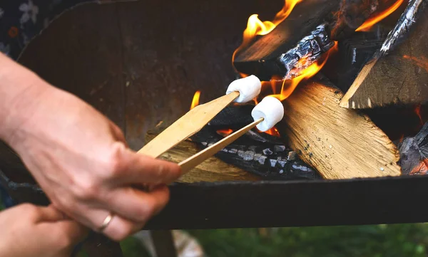 炎のグリルと火の薪し火にマシュマロとスティック — ストック写真