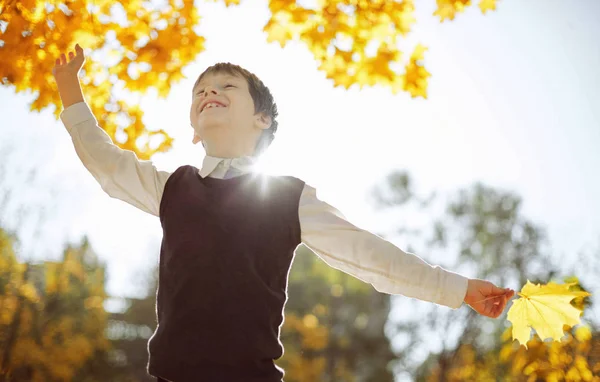 Schüler lachen und spielen im Herbst auf dem Naturspaziergang im Freien — Stockfoto