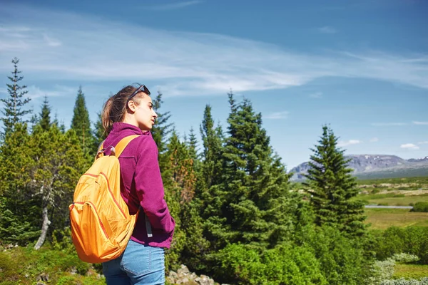 Молодая женщина турист походы в красивых горах — стоковое фото