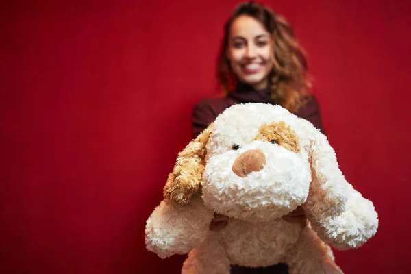 Wanita cantik bahagia dengan anjing mainan — Stok Foto