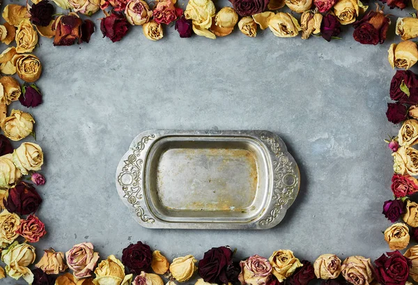 Frame van gedroogde rozen toppen op de grijze betonnen achtergrond — Stockfoto